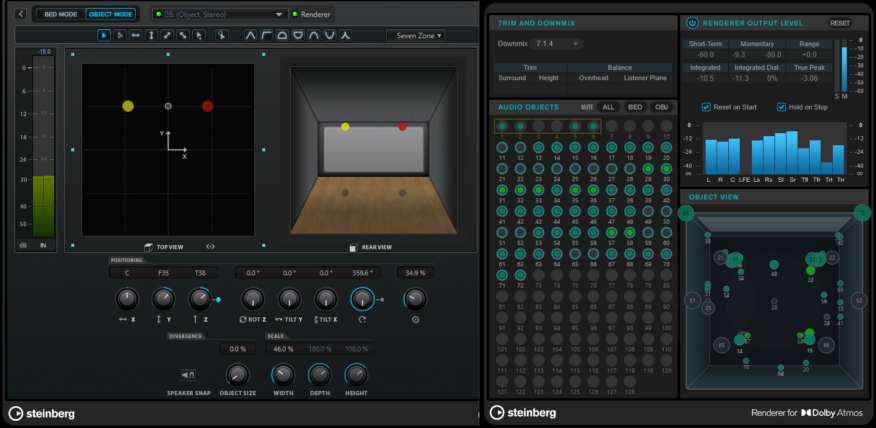 A screenshot of the Dolby Atmos panner and renderer windows in Nuendo, showing a visual representation of the mix as well as output levels and other information.